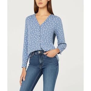 Candie's Blouse Womens M Light Blue White Floral Roll Tab Sleeve V Neck Casual C